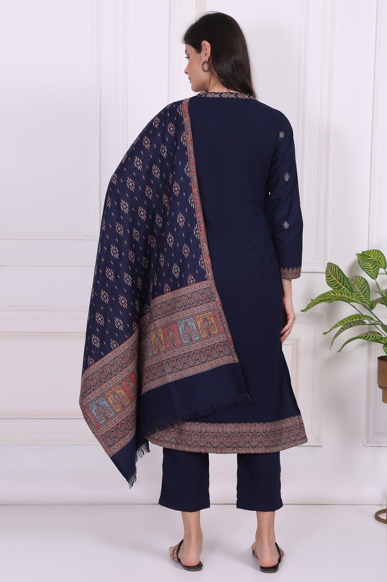 Navy Blue Ethnic Motifs Printed Straight Kurta, Pants and Dupatta Set