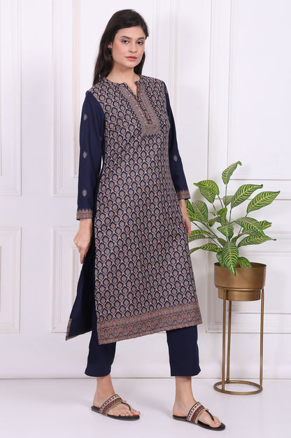 Navy Blue Ethnic Motifs Printed Straight Kurta, Pants and Dupatta Set