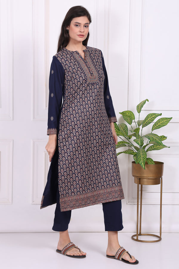 Navy Blue Ethnic Motifs Printed Straight Kurta, Pants and Dupatta Set