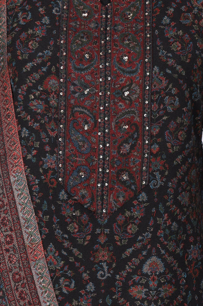 Black Paisley Yarn Dyed Winter Straight Kurta with Pants and Dupatta Set