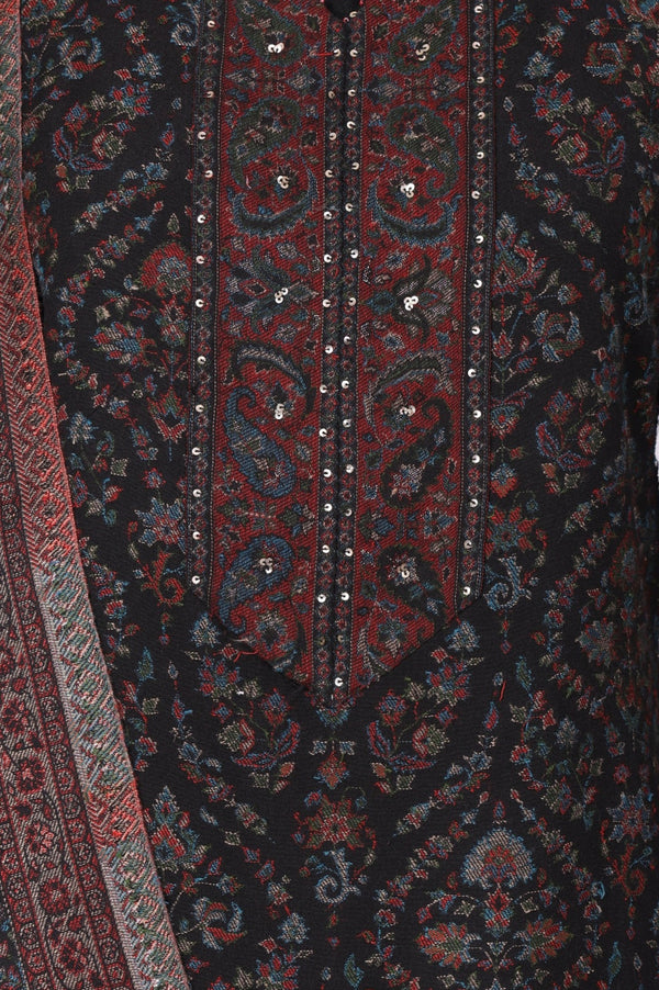 Black Paisley Yarn Dyed Winter Straight Kurta with Pants and Dupatta Set