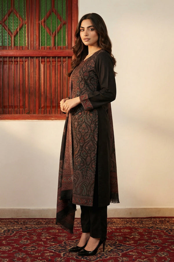 Black Paisley Yarn Dyed Winter Straight Kurta with Pants and Dupatta Set