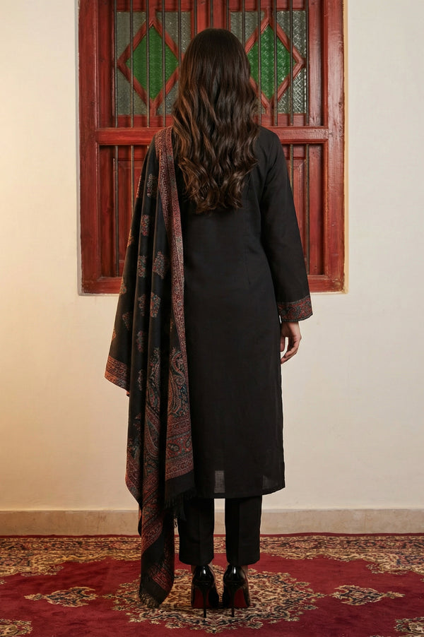 Black Paisley Yarn Dyed Winter Straight Kurta with Pants and Dupatta Set