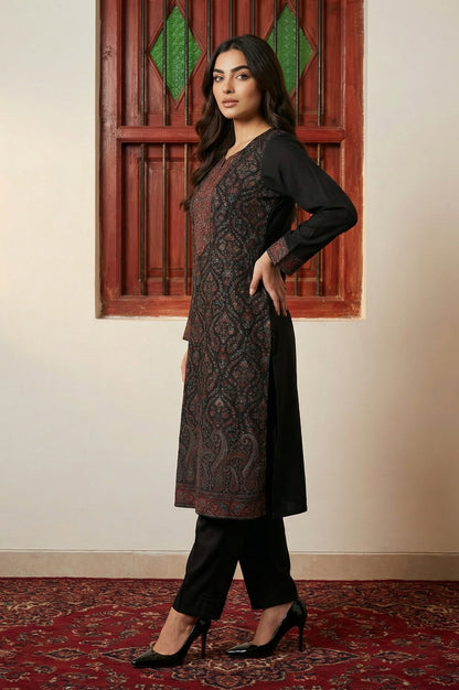 Black Paisley Yarn Dyed Winter Straight Kurta with Pants and Dupatta Set