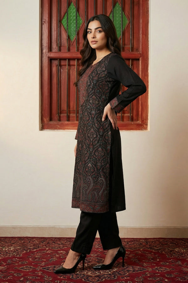Black Paisley Yarn Dyed Winter Straight Kurta with Pants and Dupatta Set