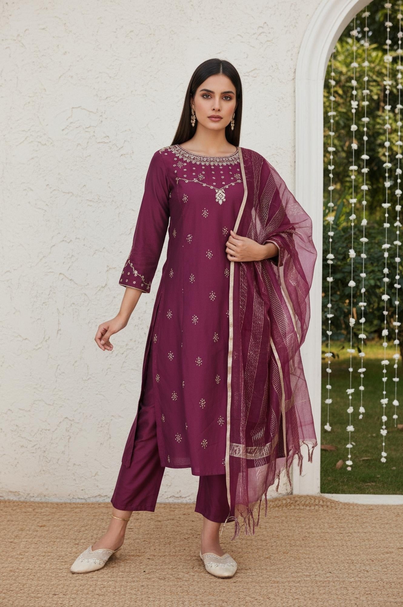 Wine Embroidered Straight Silk Blend Kurta with Straight Pant and Dupatta Set