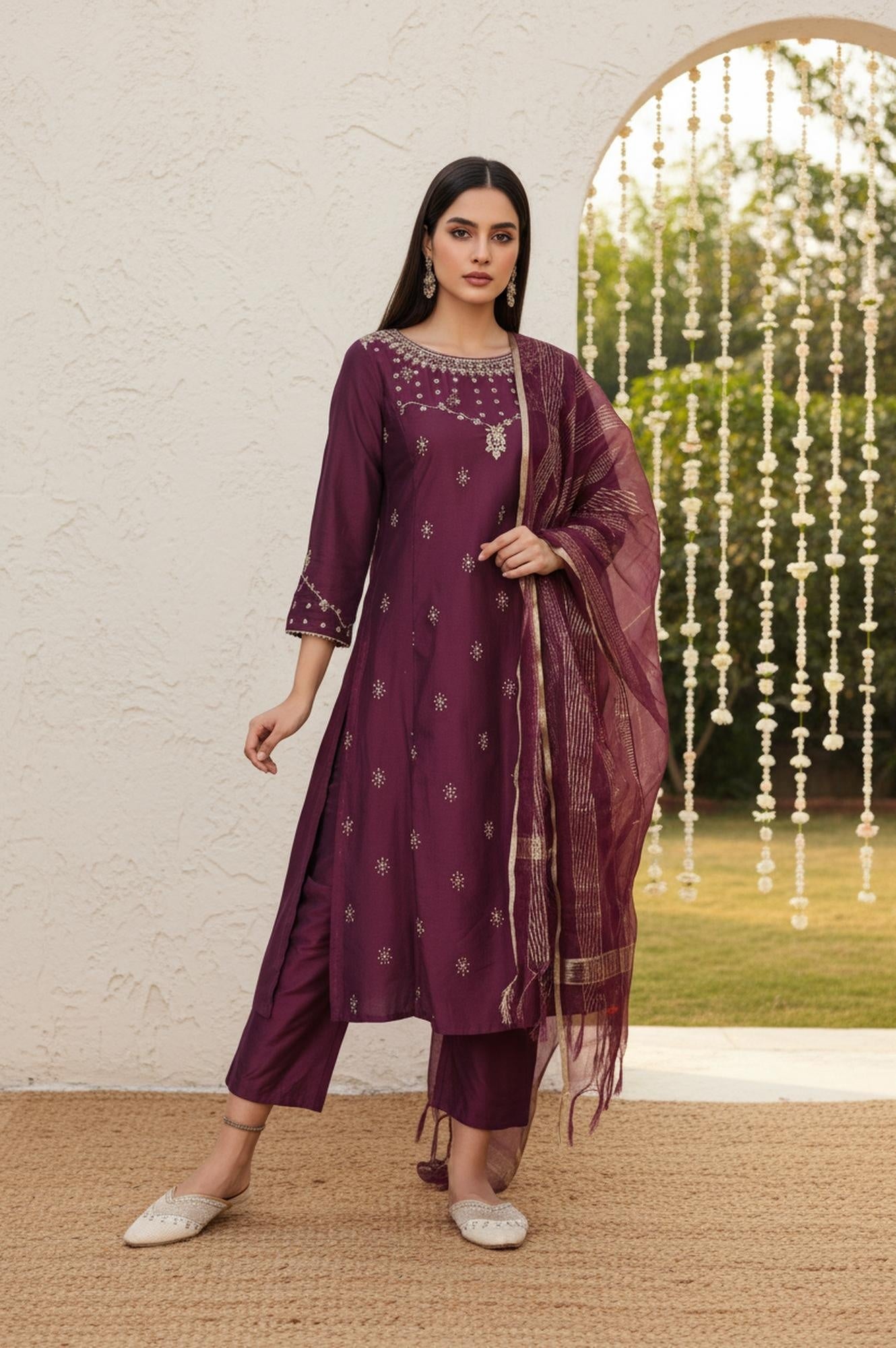 Wine Embroidered Straight Silk Blend Kurta with Straight Pant and Dupatta Set