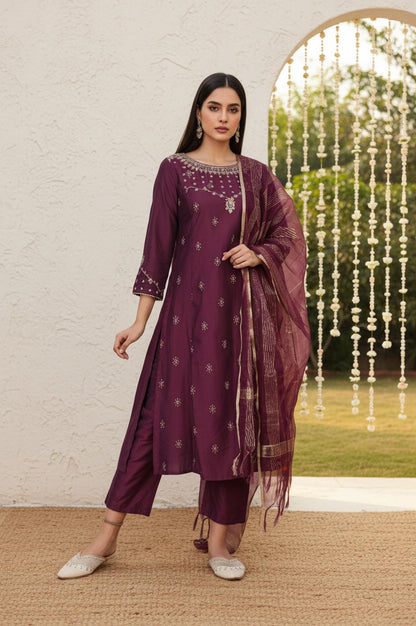 Wine Embroidered Straight Silk Blend Kurta with Straight Pant and Dupatta Set