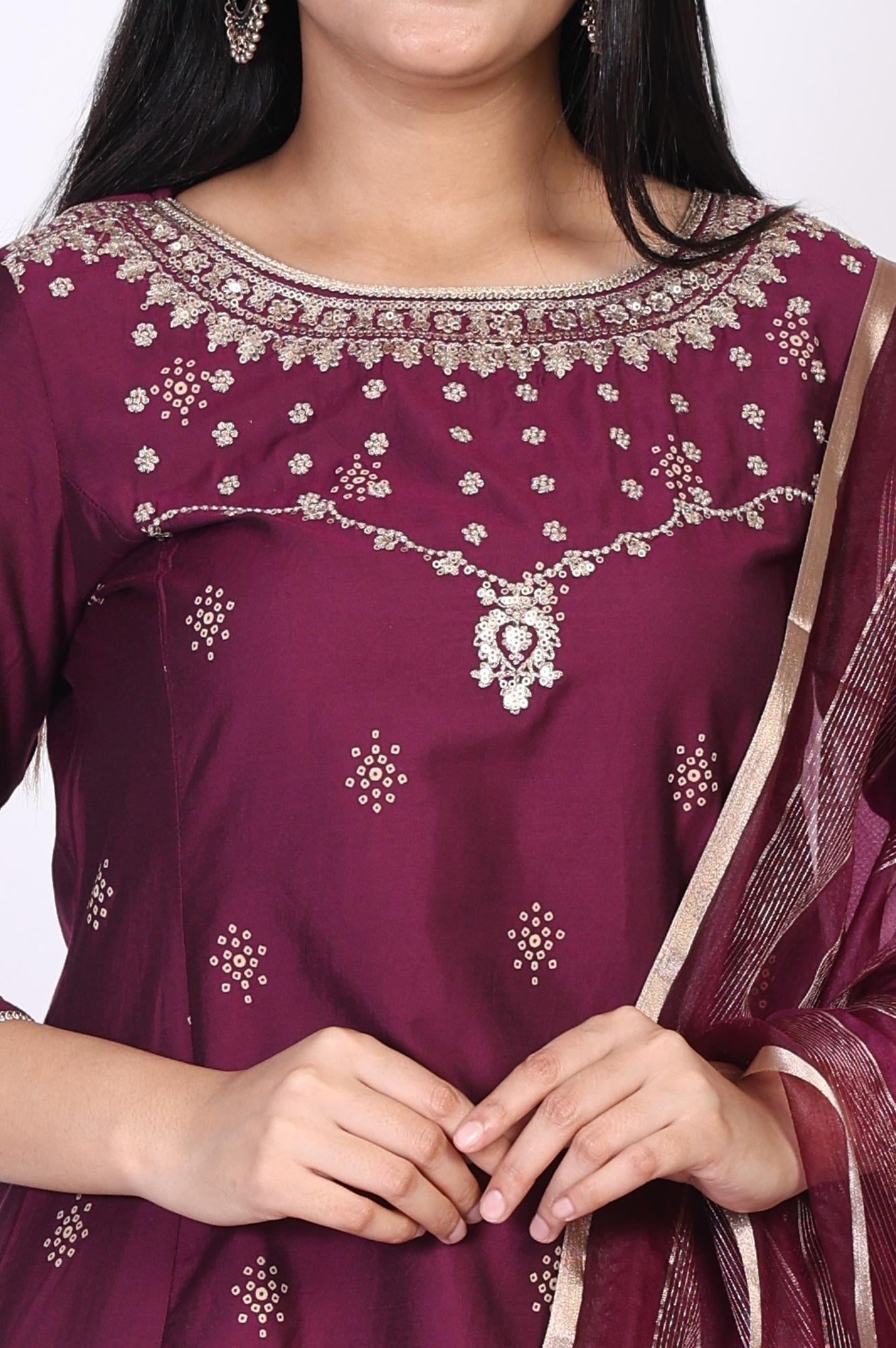 Wine Embroidered Straight Silk Blend Kurta with Straight Pant and Dupatta Set