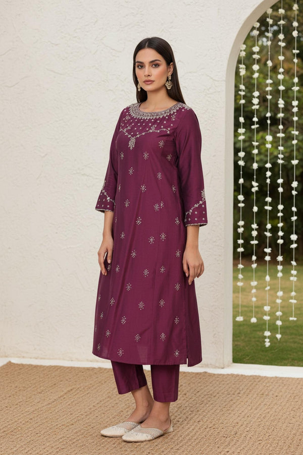 Wine Embroidered Straight Silk Blend Kurta with Straight Pant and Dupatta Set