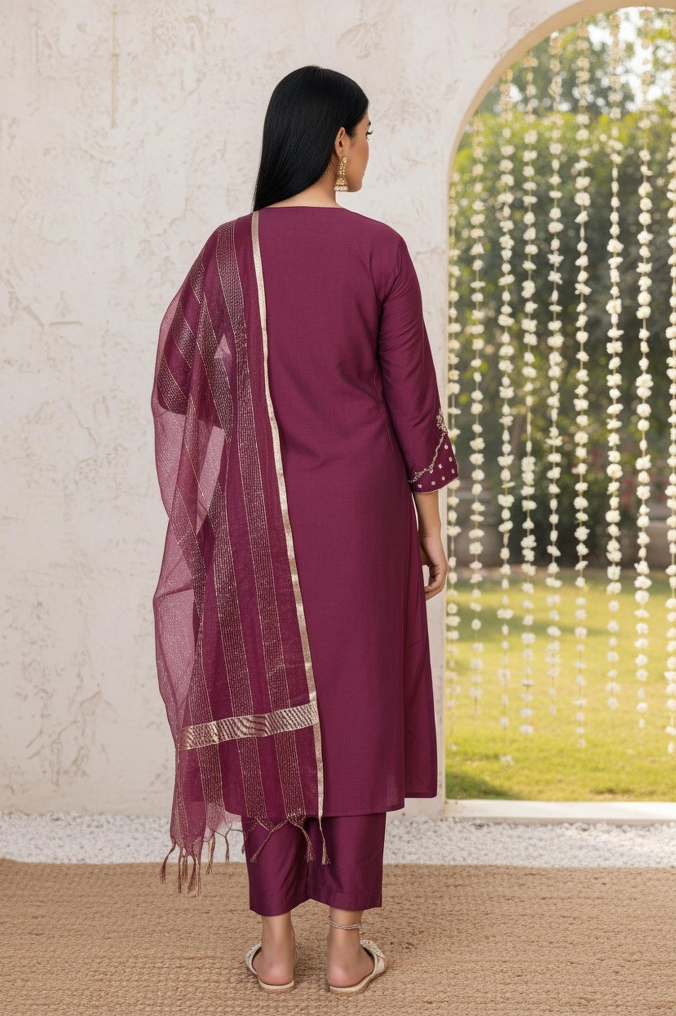 Wine Embroidered Straight Silk Blend Kurta with Straight Pant and Dupatta Set
