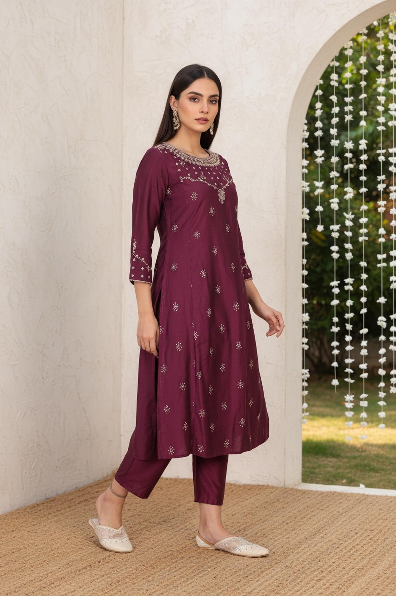Wine Embroidered Straight Silk Blend Kurta with Straight Pant and Dupatta Set