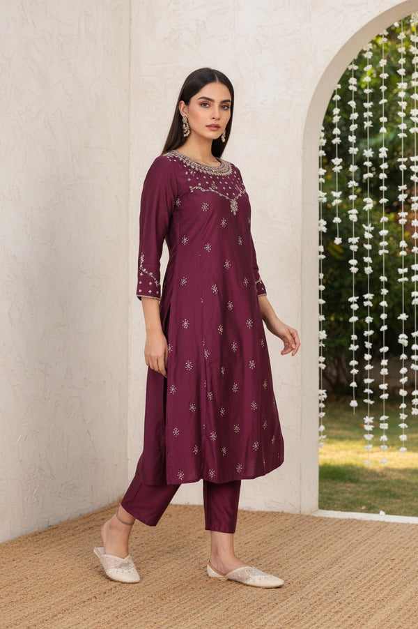 Wine Embroidered Straight Silk Blend Kurta with Straight Pant and Dupatta Set