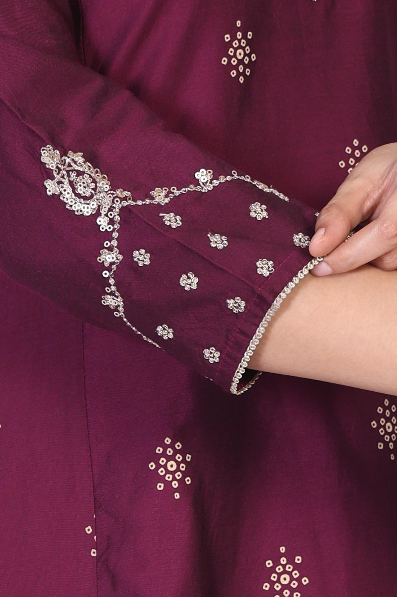 Wine Embroidered Straight Silk Blend Kurta with Straight Pant and Dupatta Set