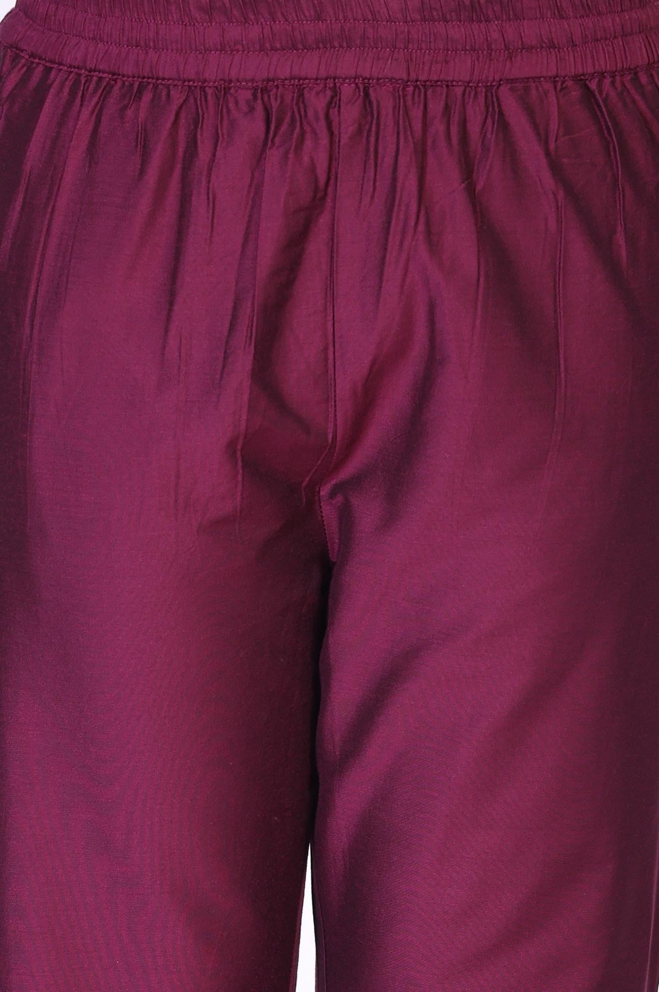 Wine Embroidered Straight Silk Blend Kurta with Straight Pant and Dupatta Set