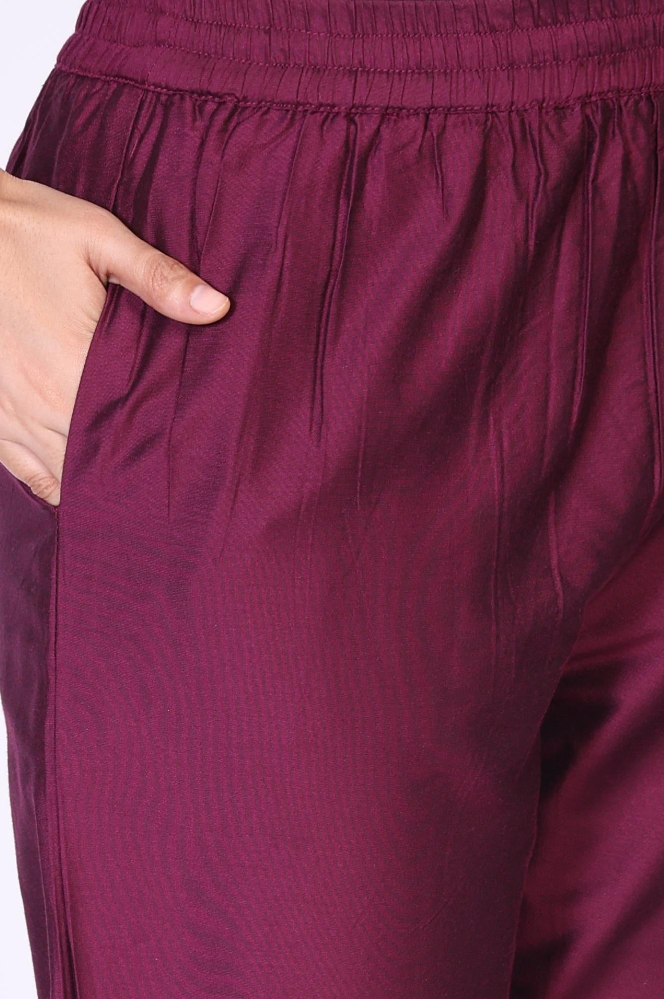 Wine Embroidered Straight Silk Blend Kurta with Straight Pant and Dupatta Set