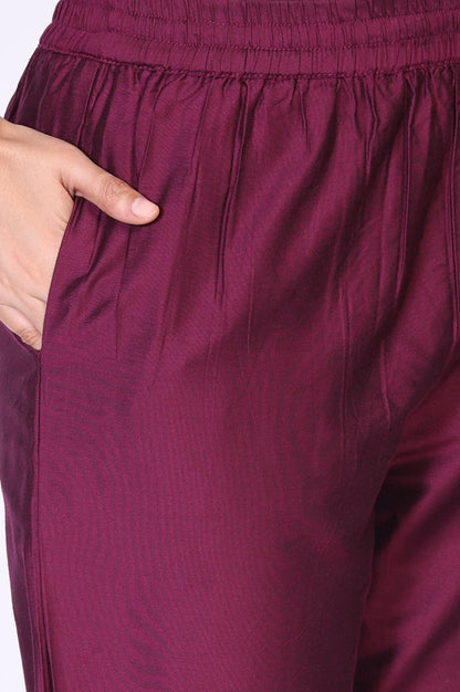 Wine Embroidered Straight Silk Blend Kurta with Straight Pant and Dupatta Set