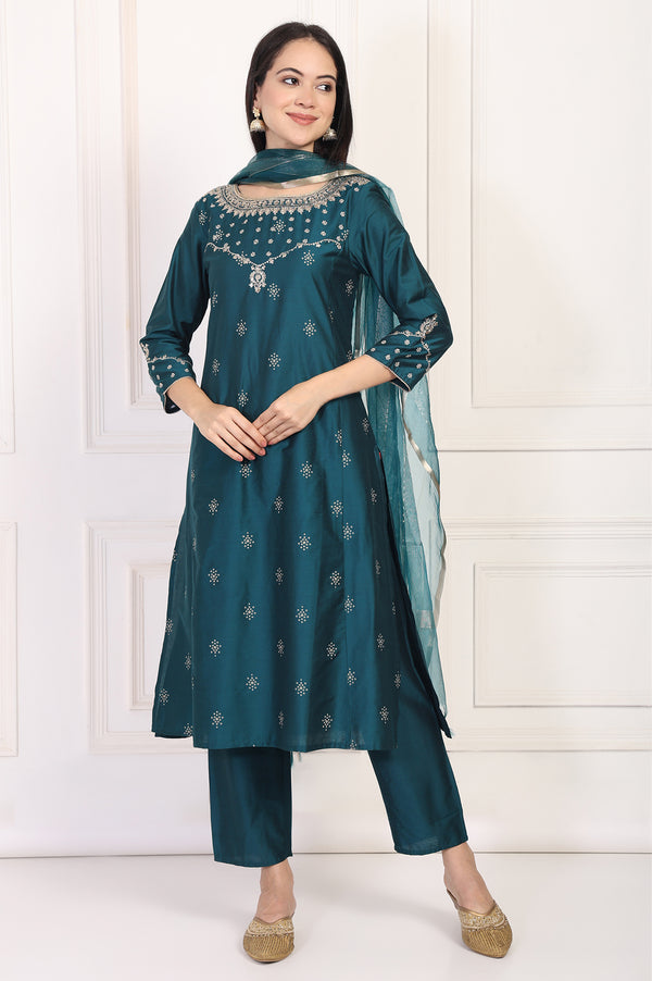 Teal Embroidered Straight Kurta with Straight Pants and Dupatta Set