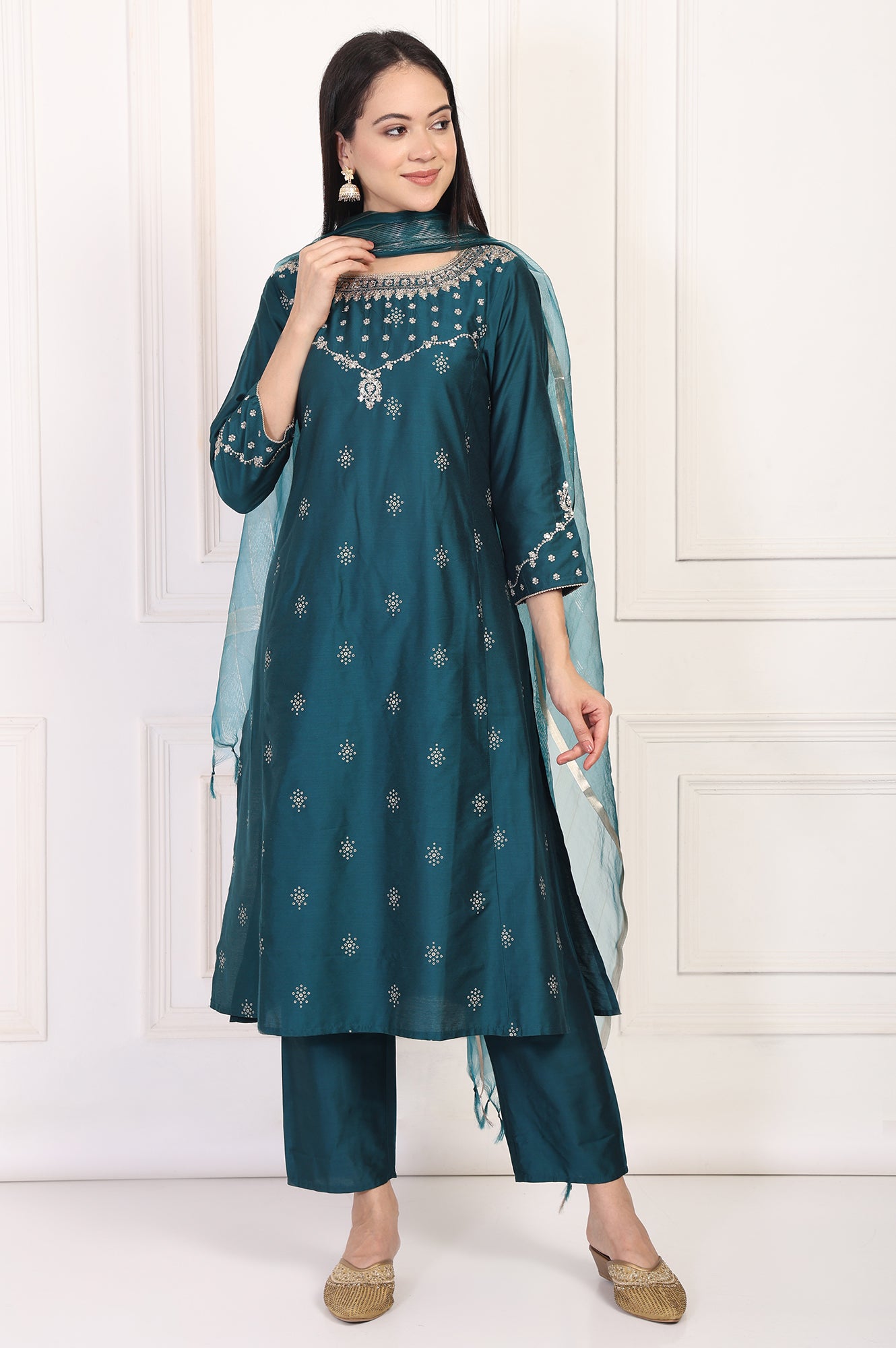 Teal Embroidered Straight Kurta with Straight Pants and Dupatta Set