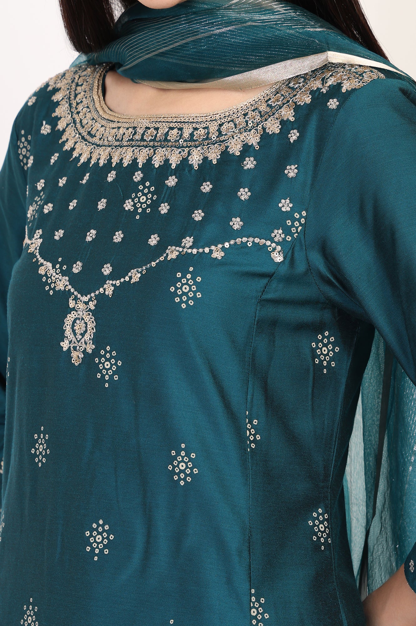 Teal Embroidered Straight Kurta with Straight Pants and Dupatta Set