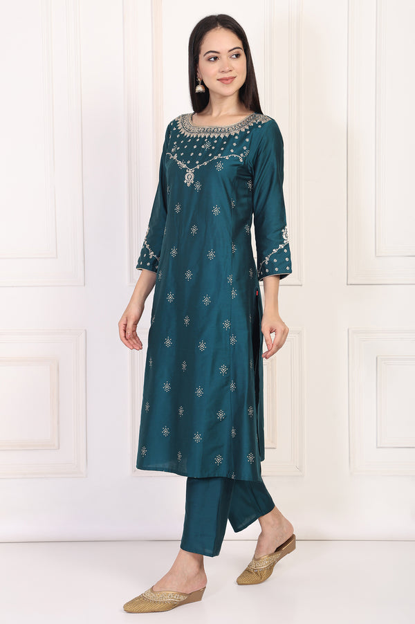 Teal Embroidered Straight Kurta with Straight Pants and Dupatta Set