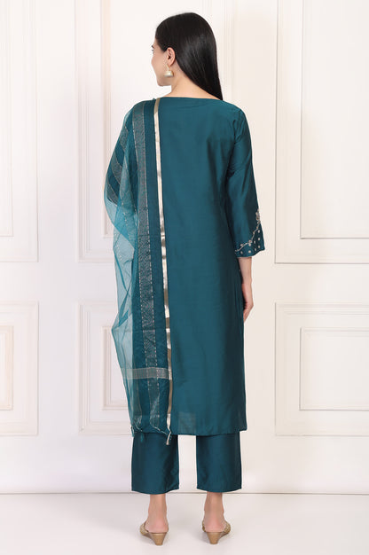 Teal Embroidered Straight Kurta with Straight Pants and Dupatta Set