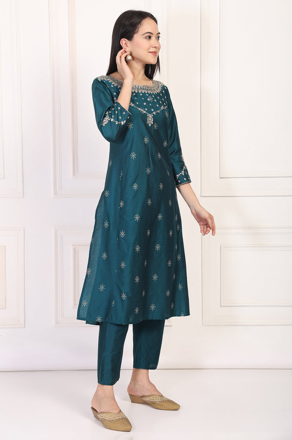 Teal Embroidered Straight Kurta with Straight Pants and Dupatta Set