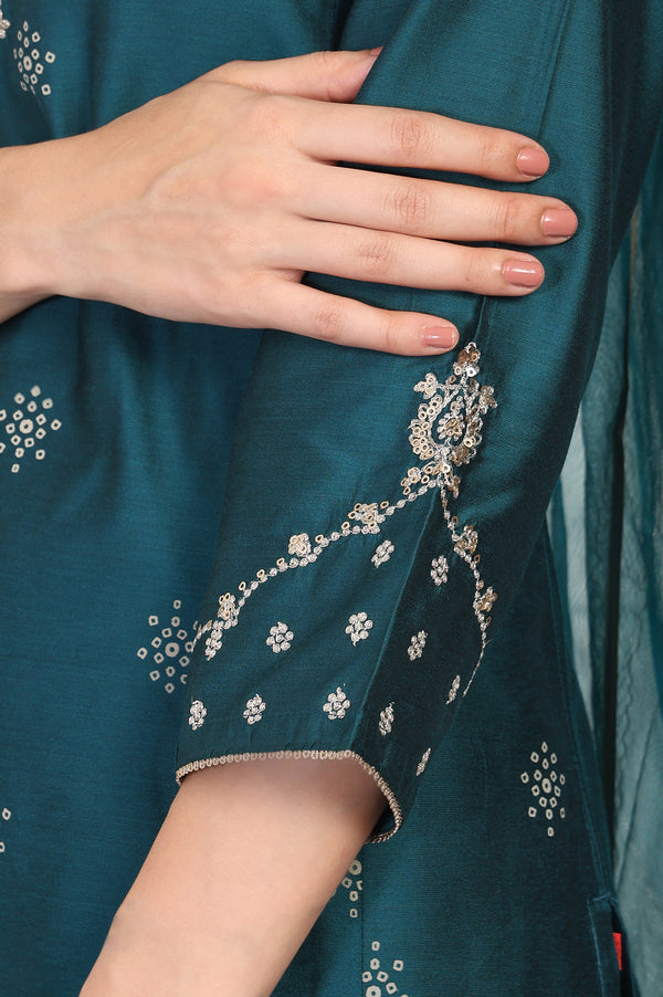 Teal Embroidered Straight Kurta with Straight Pants and Dupatta Set