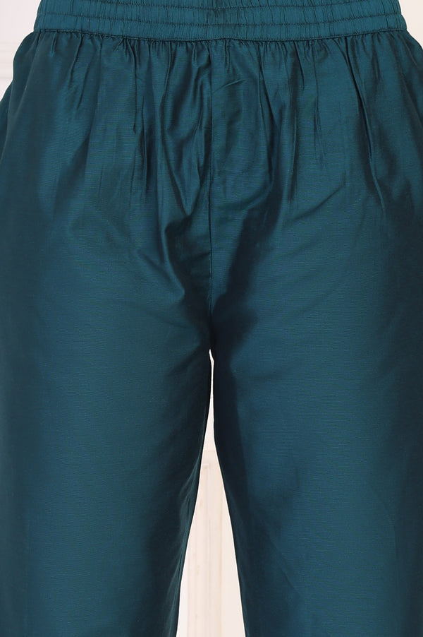 Teal Embroidered Straight Kurta with Straight Pants and Dupatta Set
