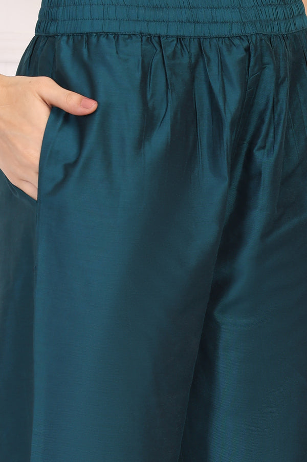 Teal Embroidered Straight Kurta with Straight Pants and Dupatta Set