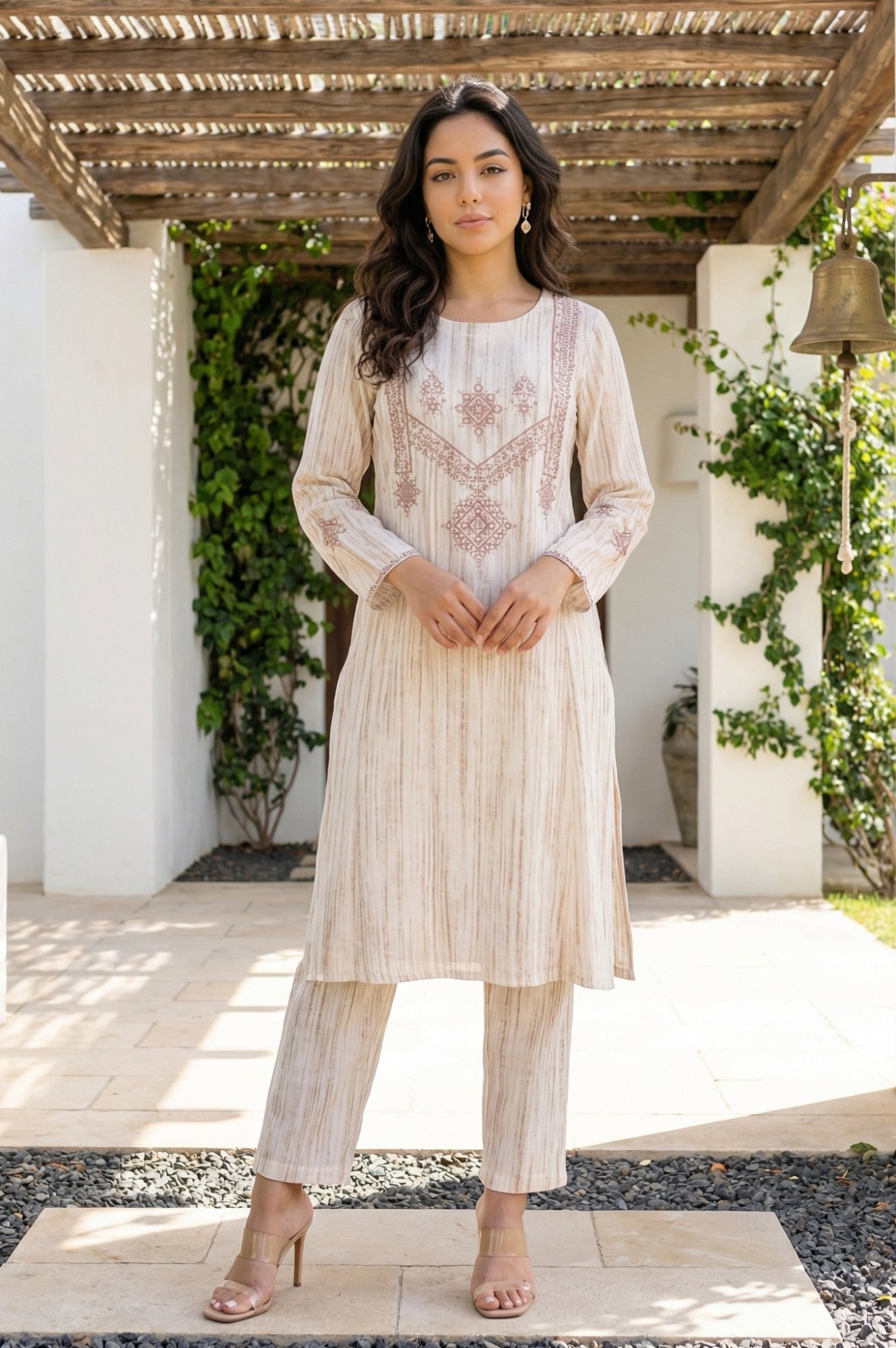 Beige Thread Embroidered Rayon Straight Winter Kurta with Pants Co-ord Set