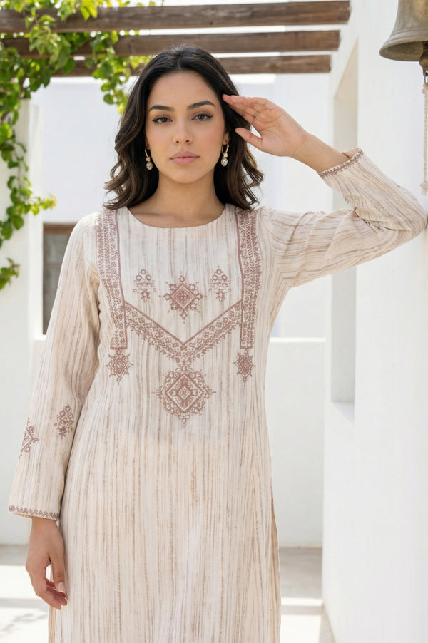 Beige Thread Embroidered Rayon Straight Winter Kurta with Pants Co-ord Set