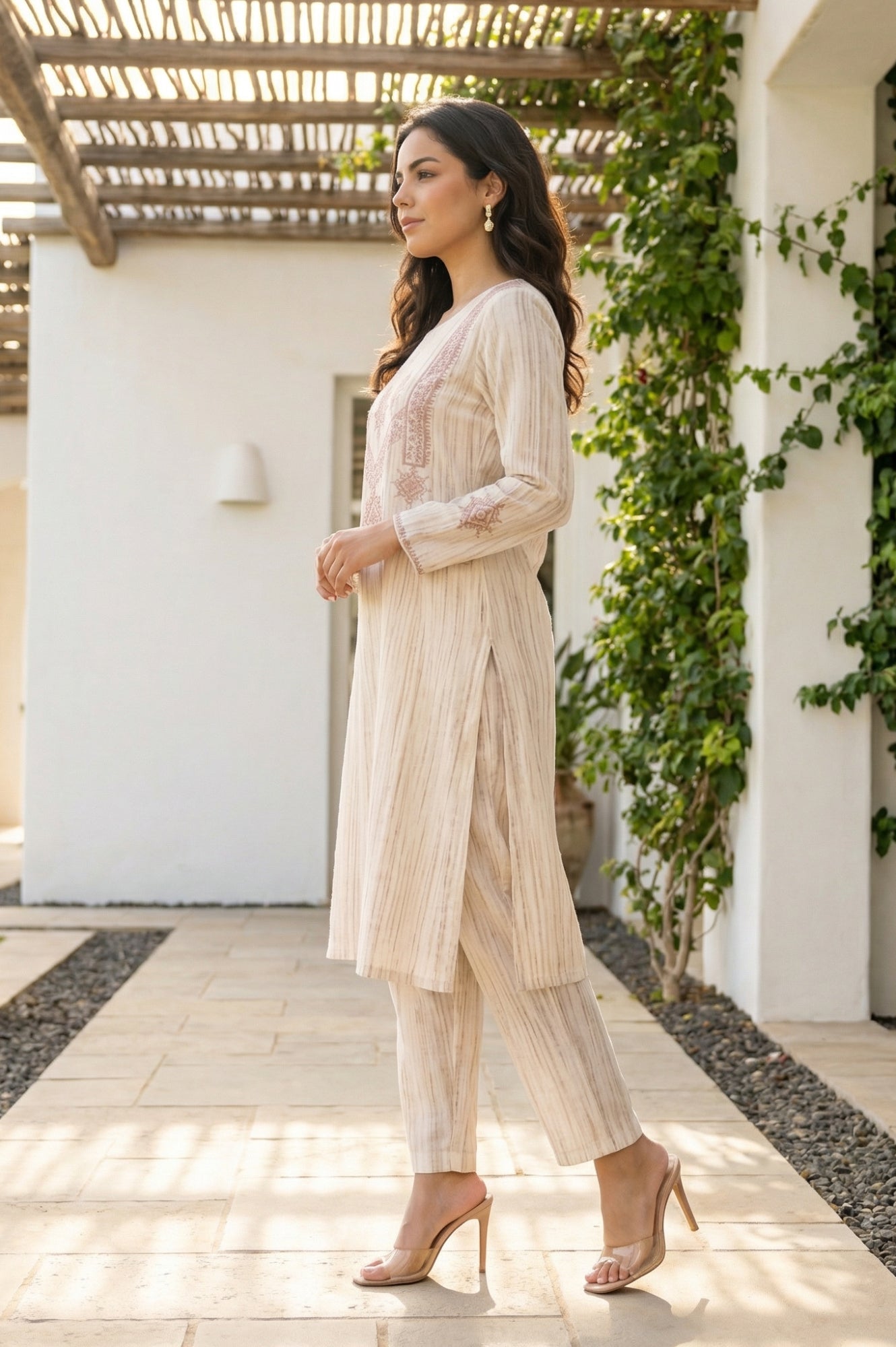 Beige Thread Embroidered Rayon Straight Winter Kurta with Pants Co-ord Set