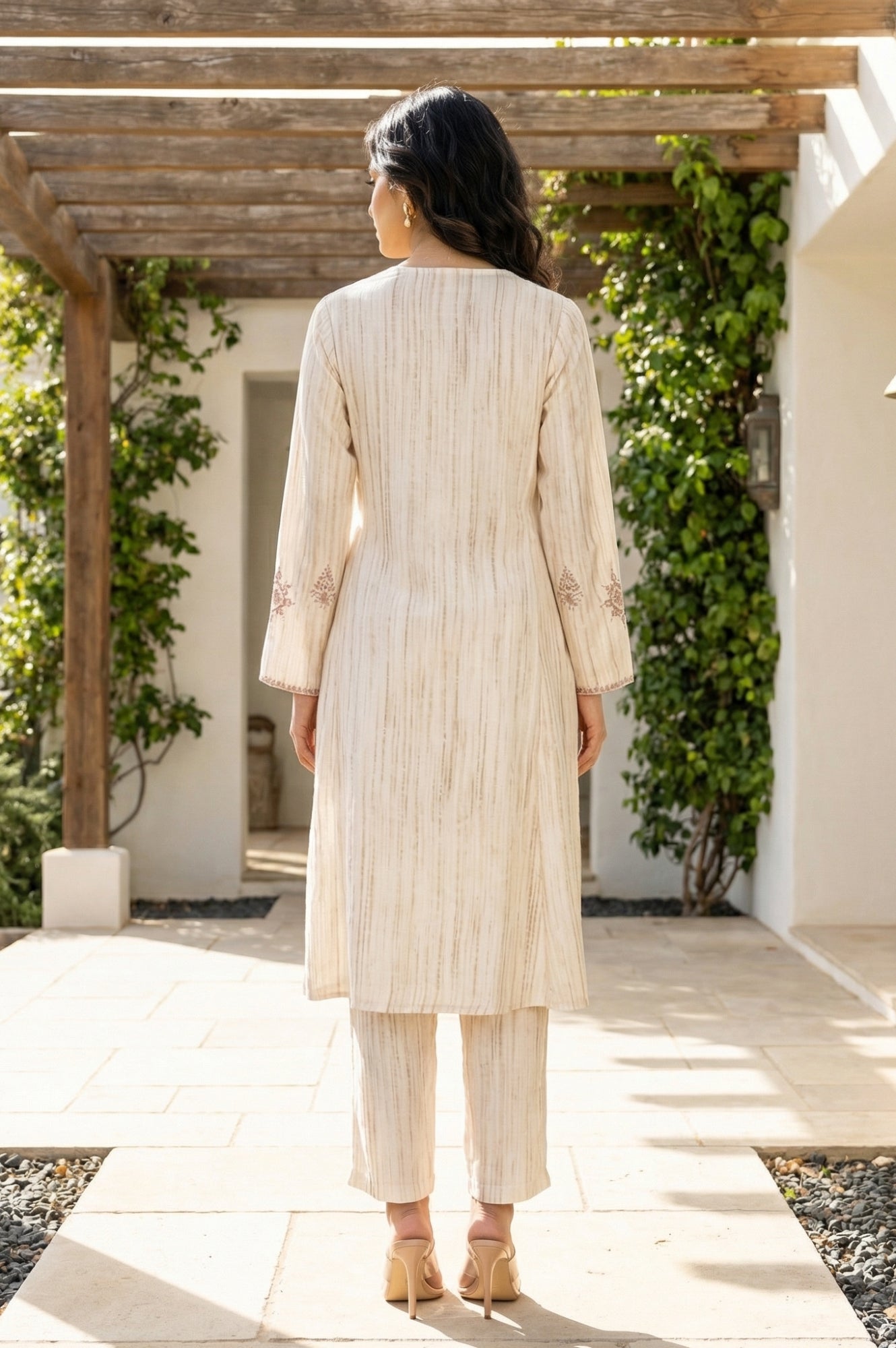 Beige Thread Embroidered Rayon Straight Winter Kurta with Pants Co-ord Set