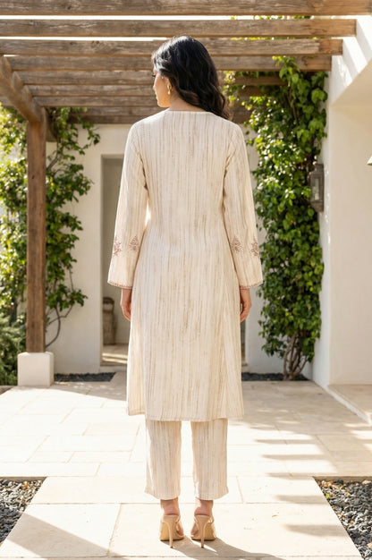 Beige Thread Embroidered Rayon Straight Winter Kurta with Pants Co-ord Set