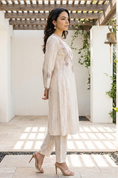 Beige Thread Embroidered Rayon Straight Winter Kurta with Pants Co-ord Set
