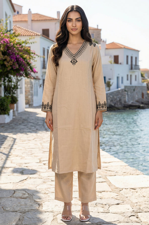 Beige Embroidered Rayon Straight Kurta with Pants Set