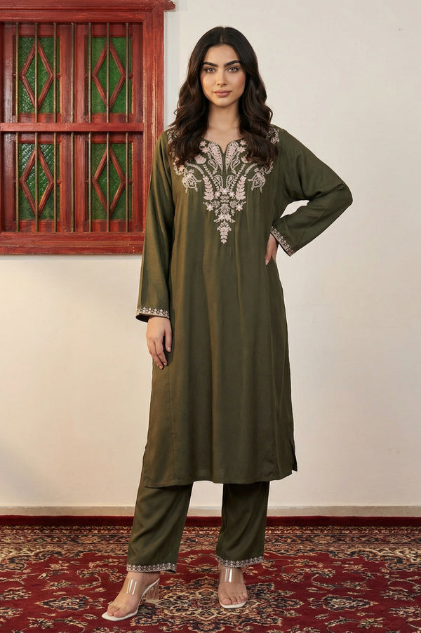 Olive Thread Embroidered Straight Kurta with Pants Set
