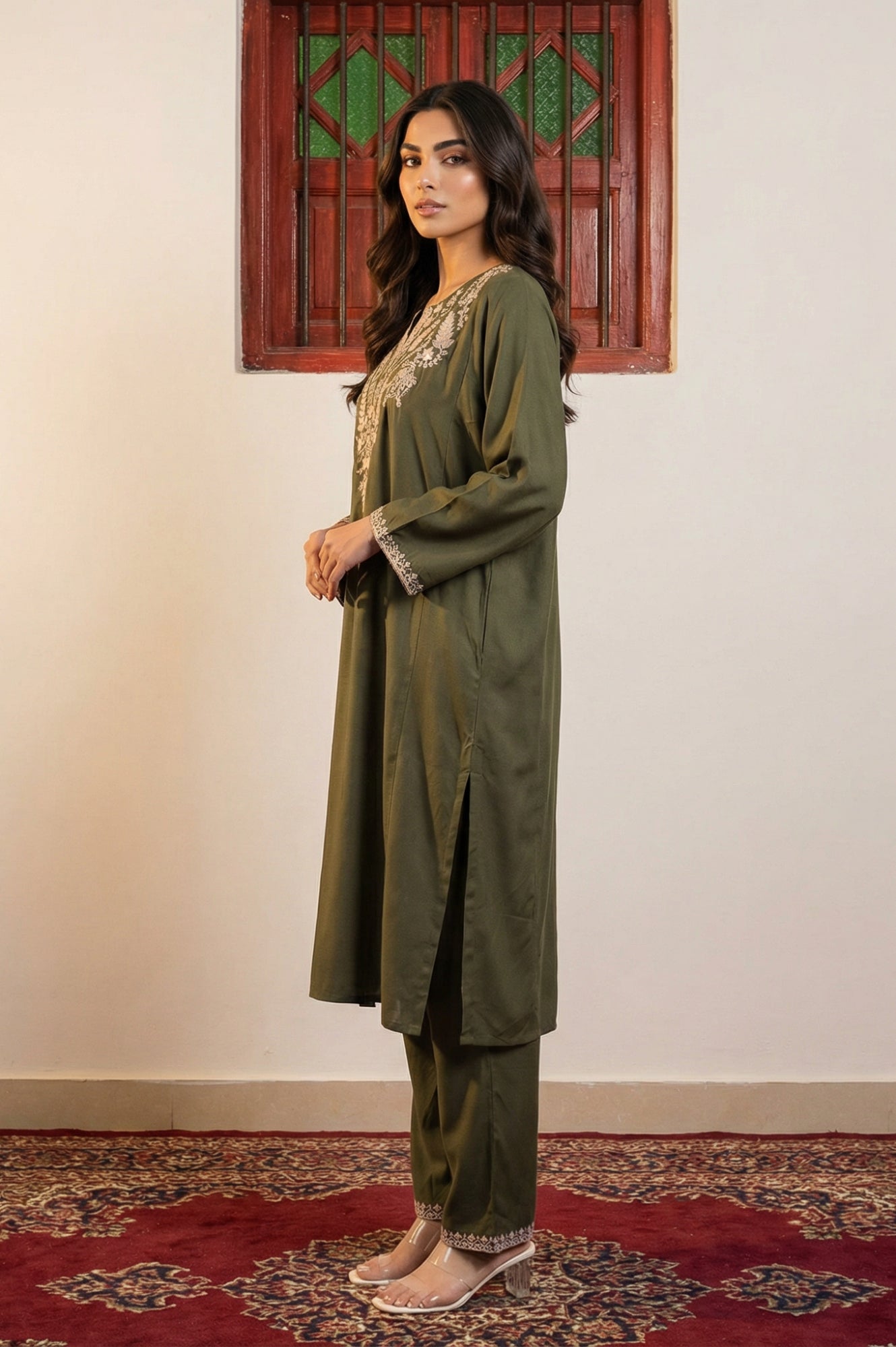 Olive Thread Embroidered Straight Kurta with Pants Set