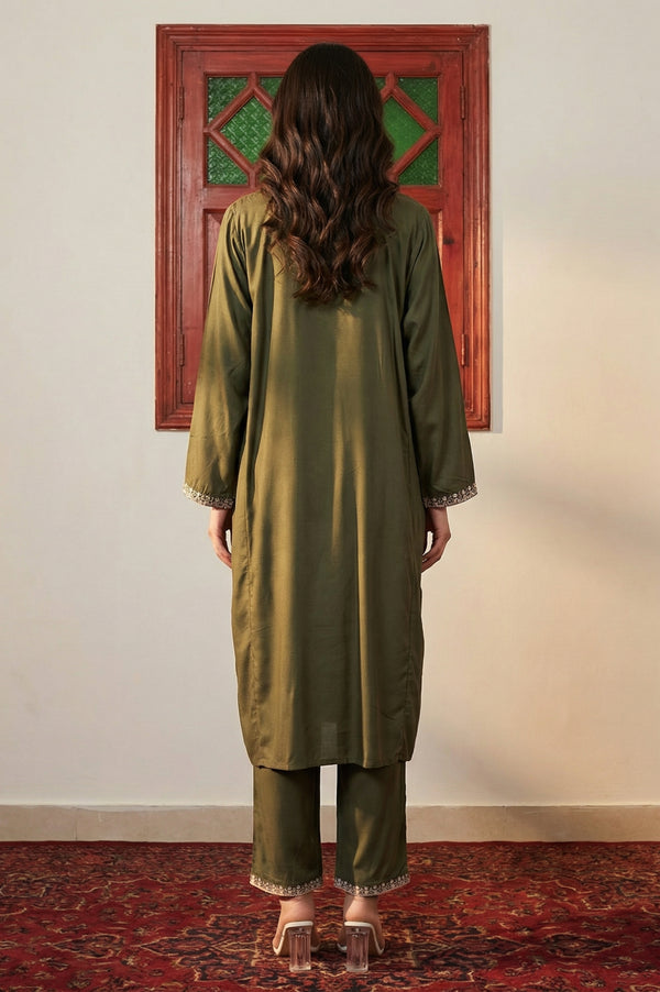 Olive Thread Embroidered Straight Kurta with Pants Set