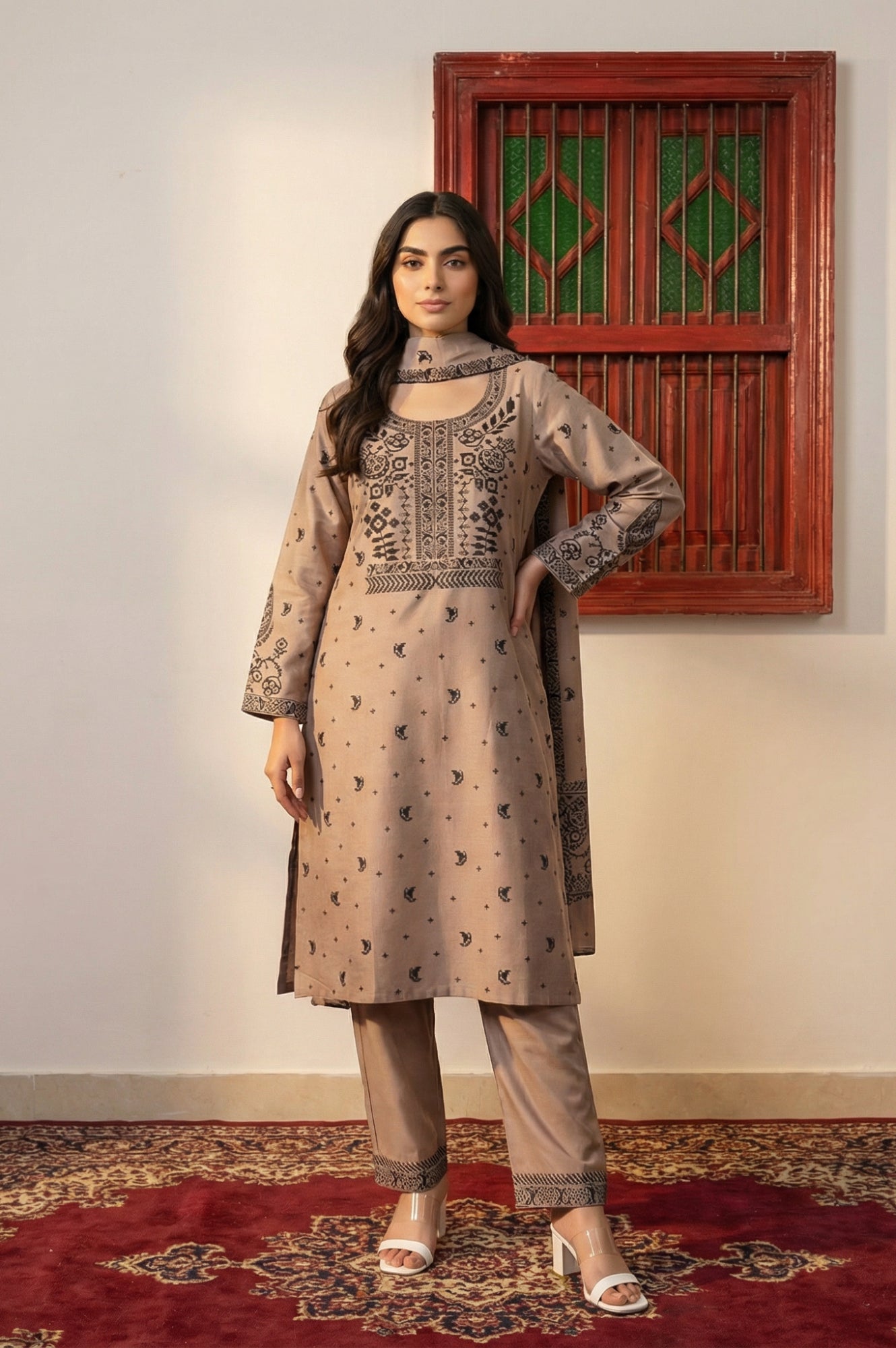 Beige Floral Printed Jacquard Straight Winter Kurta with Pants and Dupatta Set