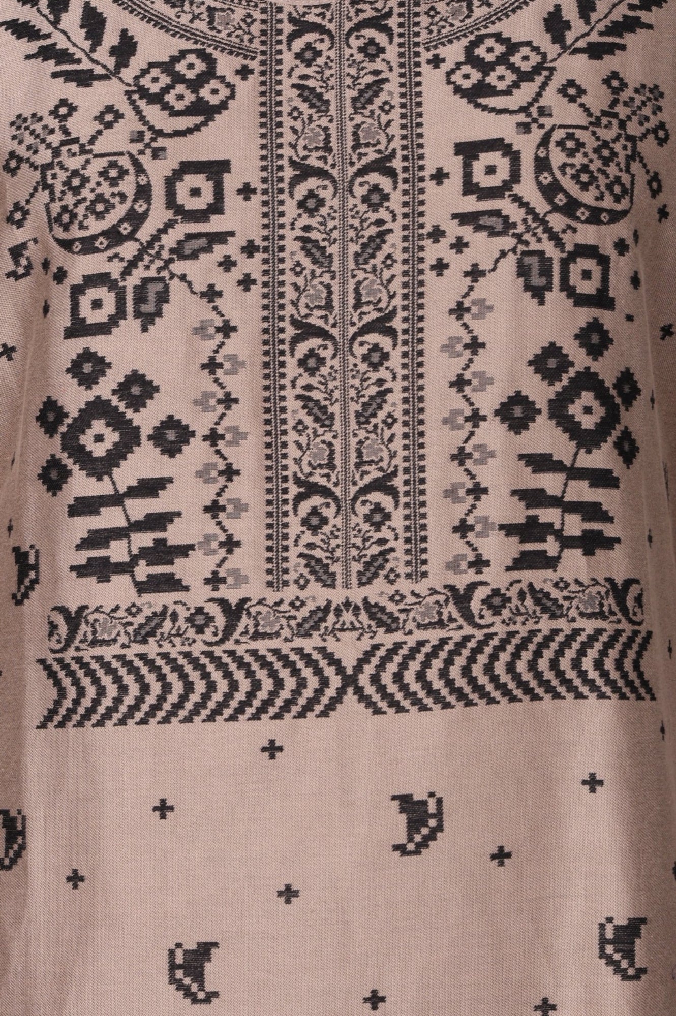 Beige Floral Printed Jacquard Straight Winter Kurta with Pants and Dupatta Set