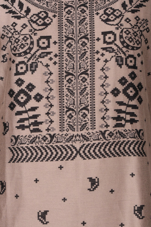 Beige Floral Printed Jacquard Straight Winter Kurta with Pants and Dupatta Set