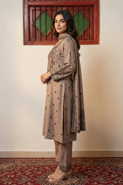 Beige Floral Printed Jacquard Straight Winter Kurta with Pants and Dupatta Set