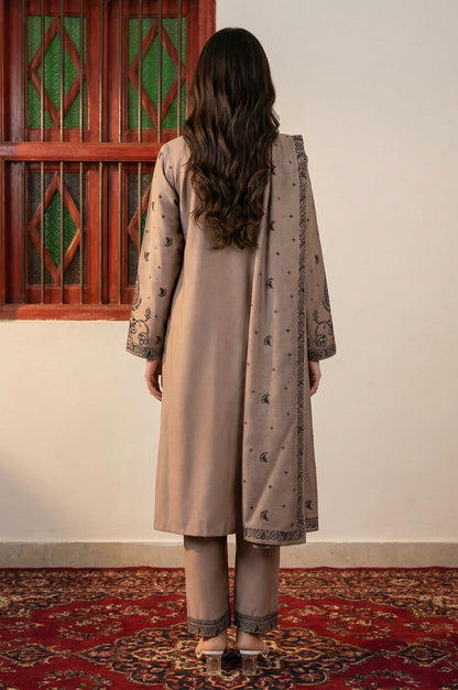 Beige Floral Printed Jacquard Straight Winter Kurta with Pants and Dupatta Set