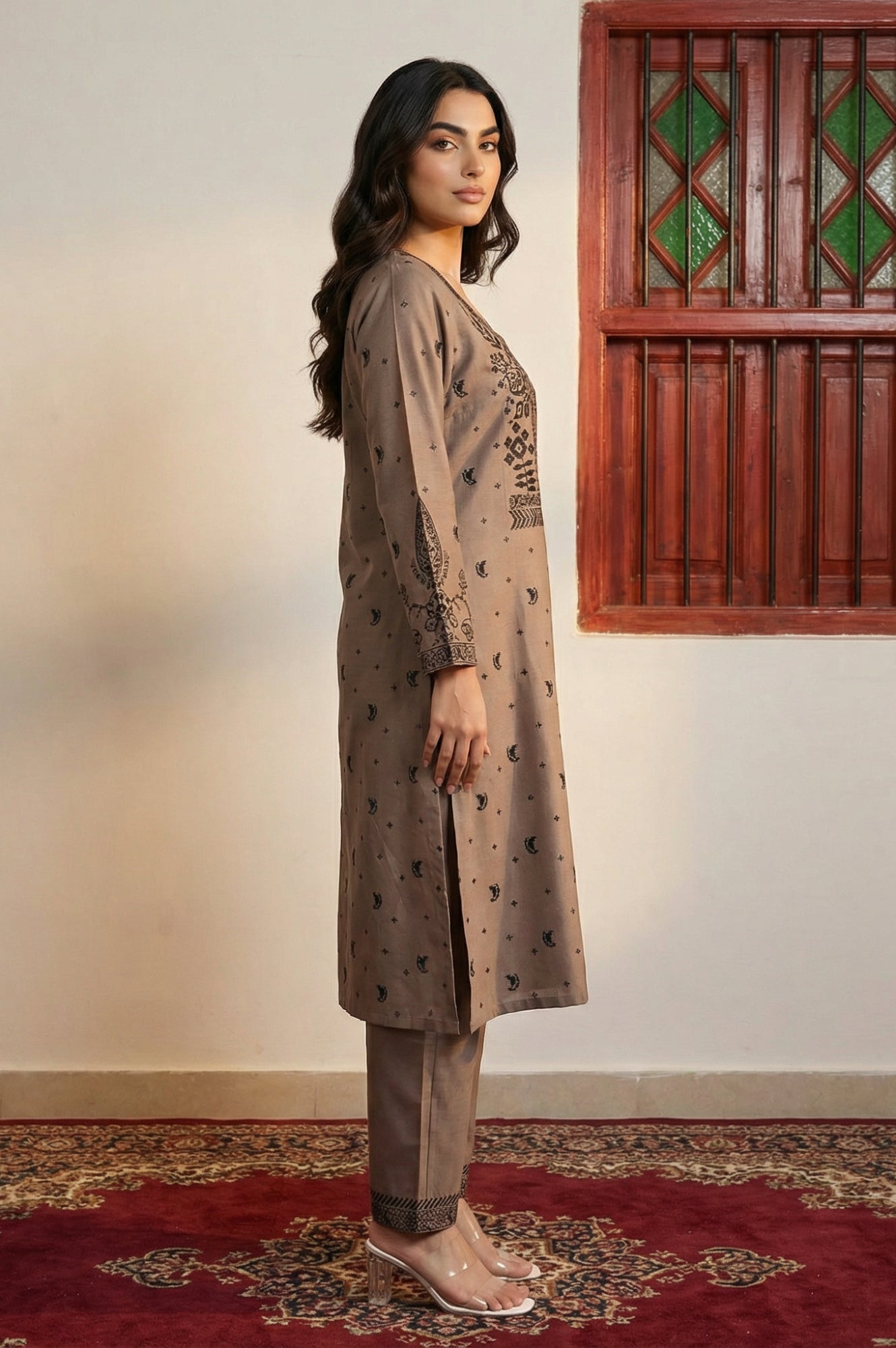 Beige Floral Printed Jacquard Straight Winter Kurta with Pants and Dupatta Set