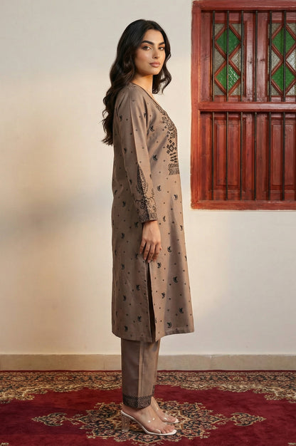 Beige Floral Printed Jacquard Straight Winter Kurta with Pants and Dupatta Set