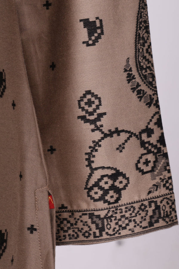 Beige Floral Printed Jacquard Straight Winter Kurta with Pants and Dupatta Set