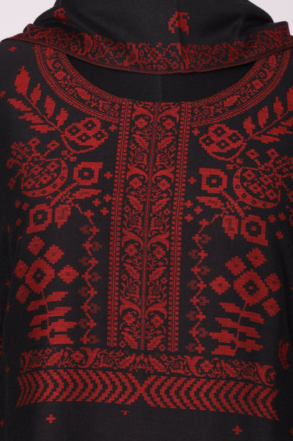 Black Floral Printed Jacquard Straight Kurta with Pants and Dupatta Set