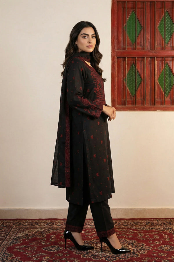 Black Floral Printed Jacquard Straight Kurta with Pants and Dupatta Set